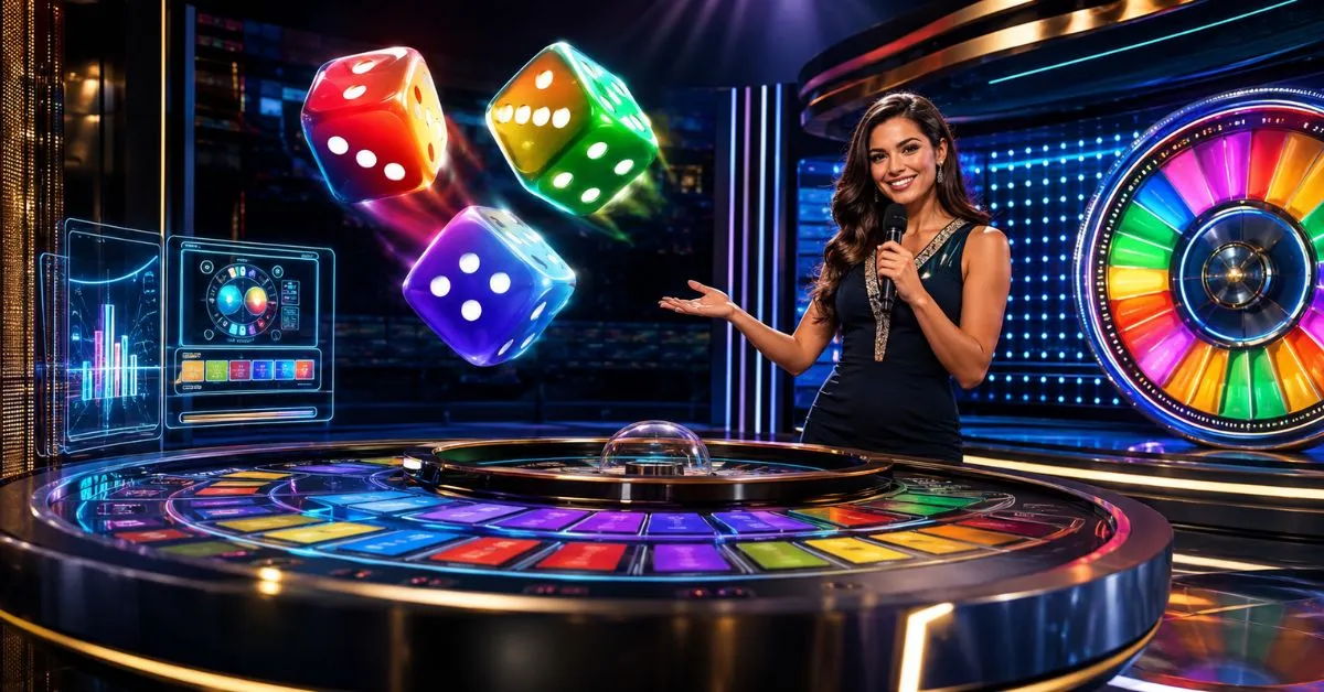 Futuristic live casino game show with colorful dice, a live host, neon betting panels and a vibrant bonus wheel.