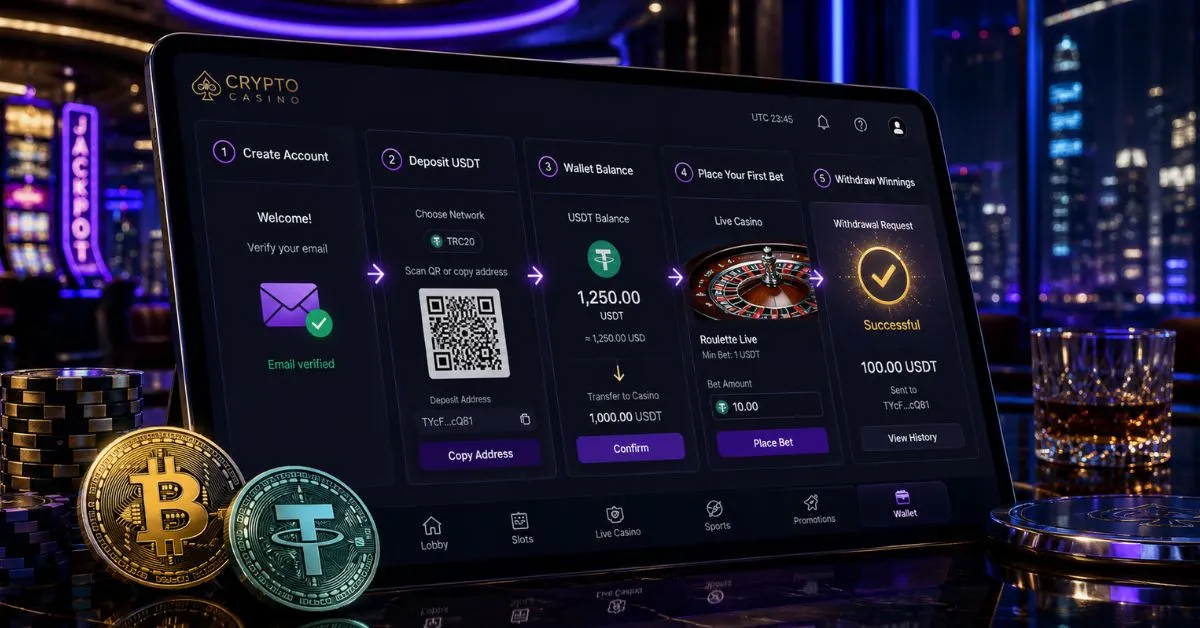 Futuristic Spino crypto casino interface showing account setup, USDT deposit, wallet balance, first bet and withdrawal steps with Bitcoin and Tether coins.