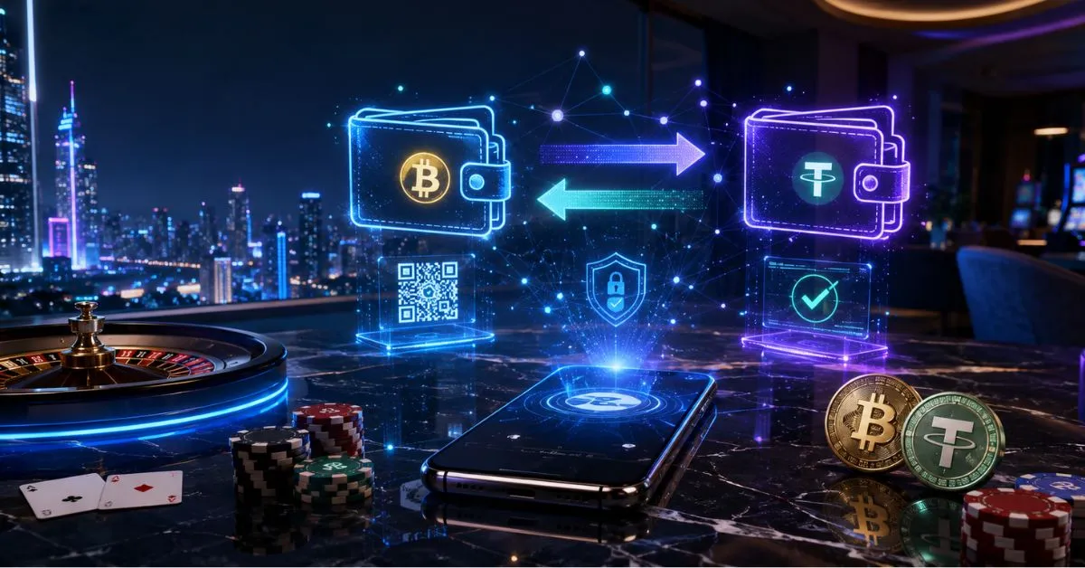 Crypto casino deposits and withdrawals using Bitcoin and USDT, shown with digital wallets, blockchain transfers, casino chips and a futuristic mobile interface.
