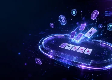 Futuristic crypto casino table with glowing Teen Patti cards, Bitcoin and Tether symbols, neon blockchain connections and a dark digital interface.