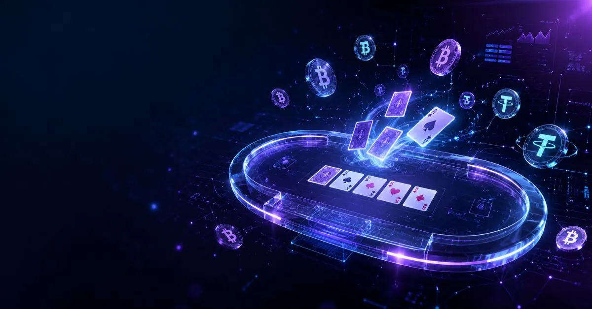 Futuristic crypto casino table with glowing Teen Patti cards, Bitcoin and Tether symbols, neon blockchain connections and a dark digital interface.
