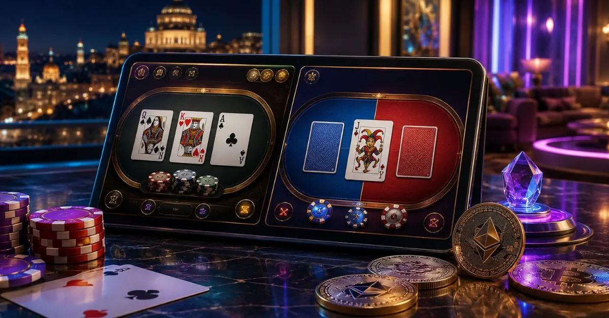 Teen Patti and Andar Bahar real money games in India displayed on a futuristic casino screen with cards, chips and cryptocurrency coins.